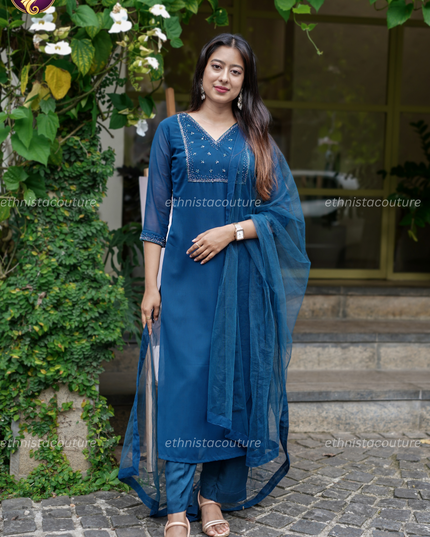 EC146 - Blue Georgette Kurti Set with Premium Net Dupatta