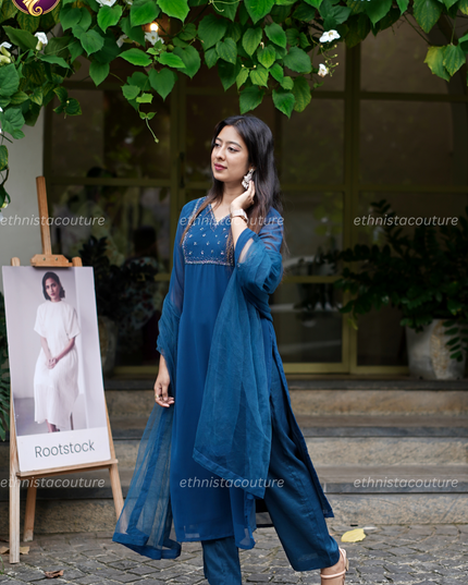 EC146 - Blue Georgette Kurti Set with Premium Net Dupatta