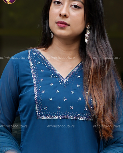 EC146 - Blue Georgette Kurti Set with Premium Net Dupatta