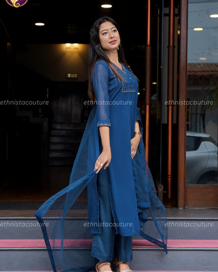 EC146 - Blue Georgette Kurti Set with Premium Net Dupatta