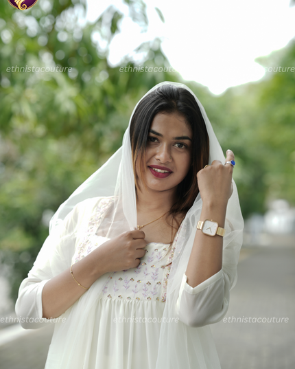 EC147 – Off-White Georgette Kurti Set with Premium Net Dupatta