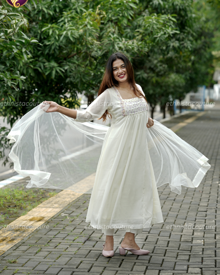 EC147 – Off-White Georgette Kurti Set with Premium Net Dupatta