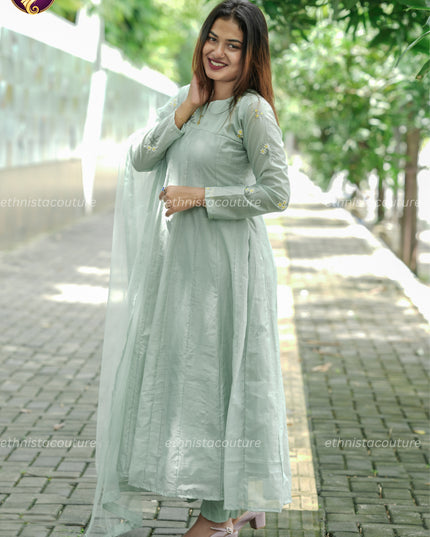 EC148 - Pastel Green Anarkali Panel Cut Dress with Premium Net Dupatta