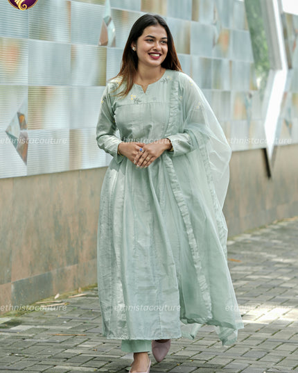 EC148 - Pastel Green Anarkali Panel Cut Dress with Premium Net Dupatta