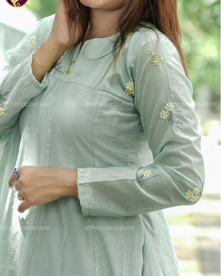 EC148 - Pastel Green Anarkali Panel Cut Dress with Premium Net Dupatta