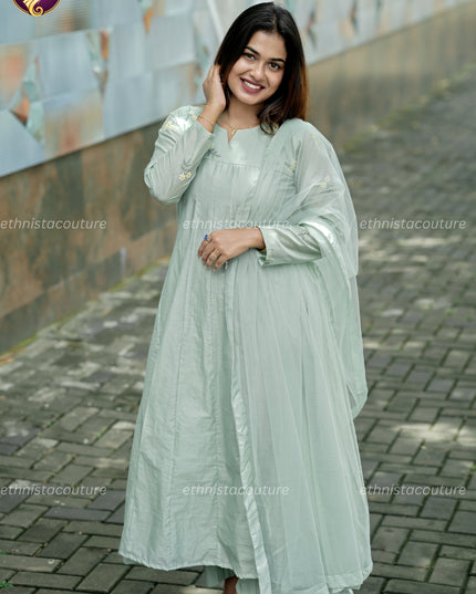 EC148 - Pastel Green Anarkali Panel Cut Dress with Premium Net Dupatta