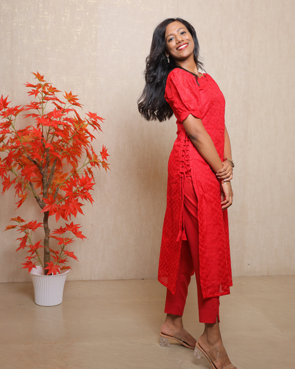 EC083 – Net Cotta Kurti Set with Scallop Neckline & Puff Sleeves