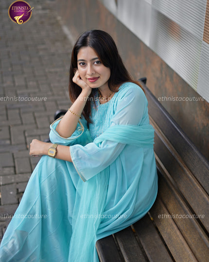 EC151 - Aqua Blue Aari Work Anarkali Dress with Butterfly Premium Net Dupatta