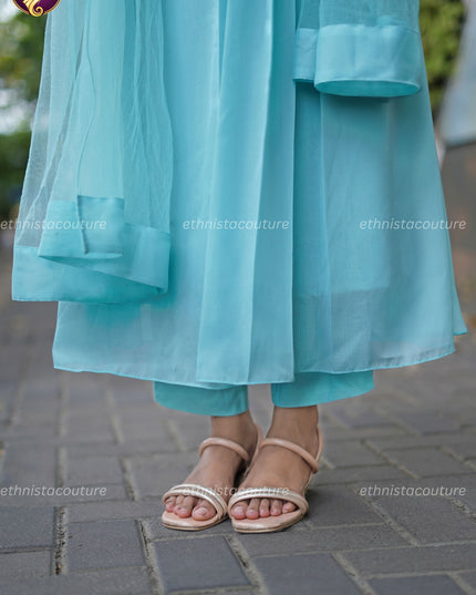 EC151 - Aqua Blue Aari Work Anarkali Dress with Butterfly Premium Net Dupatta