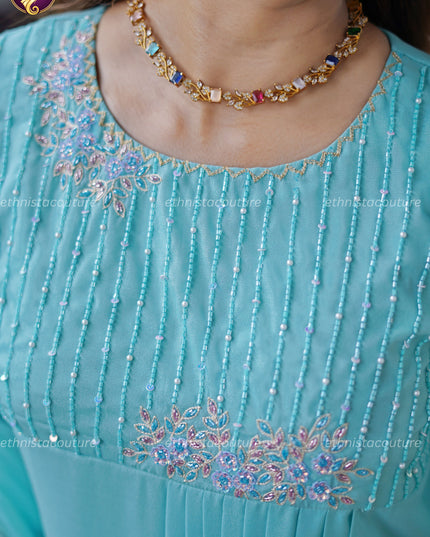 EC151 - Aqua Blue Aari Work Anarkali Dress with Butterfly Premium Net Dupatta