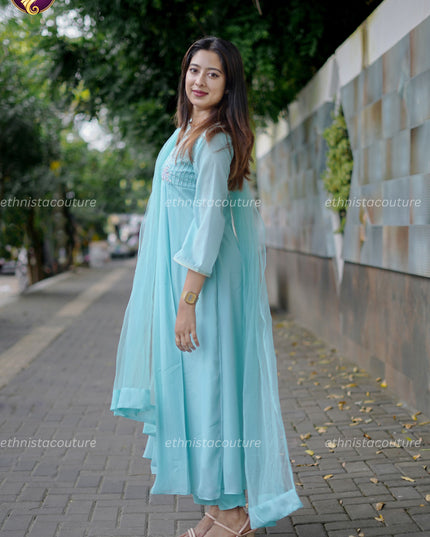 EC151 - Aqua Blue Aari Work Anarkali Dress with Butterfly Premium Net Dupatta