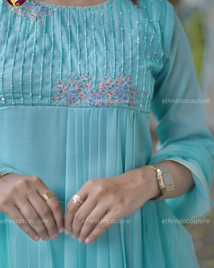 EC151 - Aqua Blue Aari Work Anarkali Dress with Butterfly Premium Net Dupatta