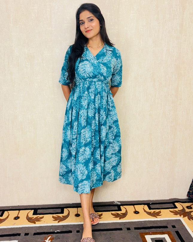 EC065 – Teal Blue Leaf Print Frock
