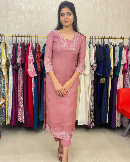 Embroidered Net Cotta Cotton Side Open Kurti with Pencil Bottom - EC025