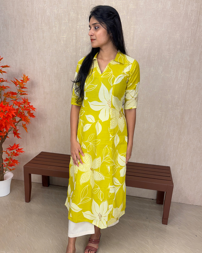 Yellow & White Floral Jaipur Cotton A-line Kurti Set – EC071