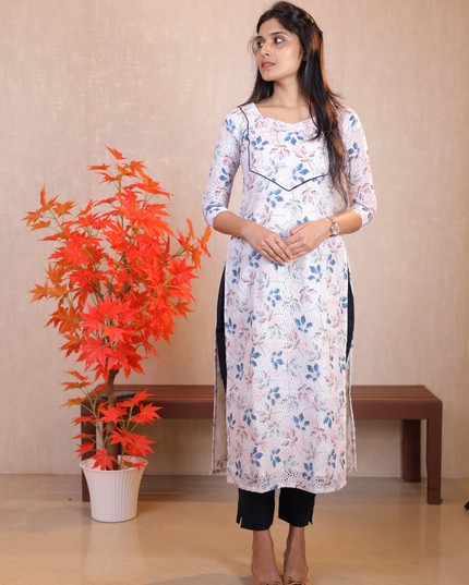 EC082 – Printed Accoba Kurti Set with Piping Detailing & Cotton Pencil Pant