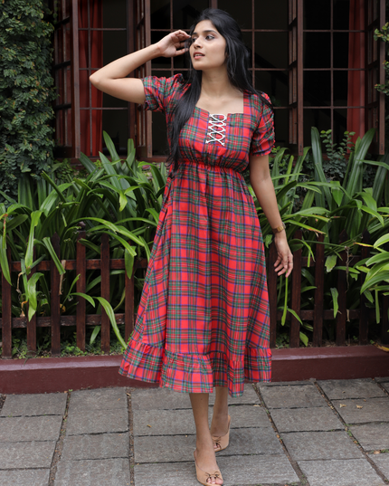 EC087 – Red Checked Pure Cotton Midi Dress