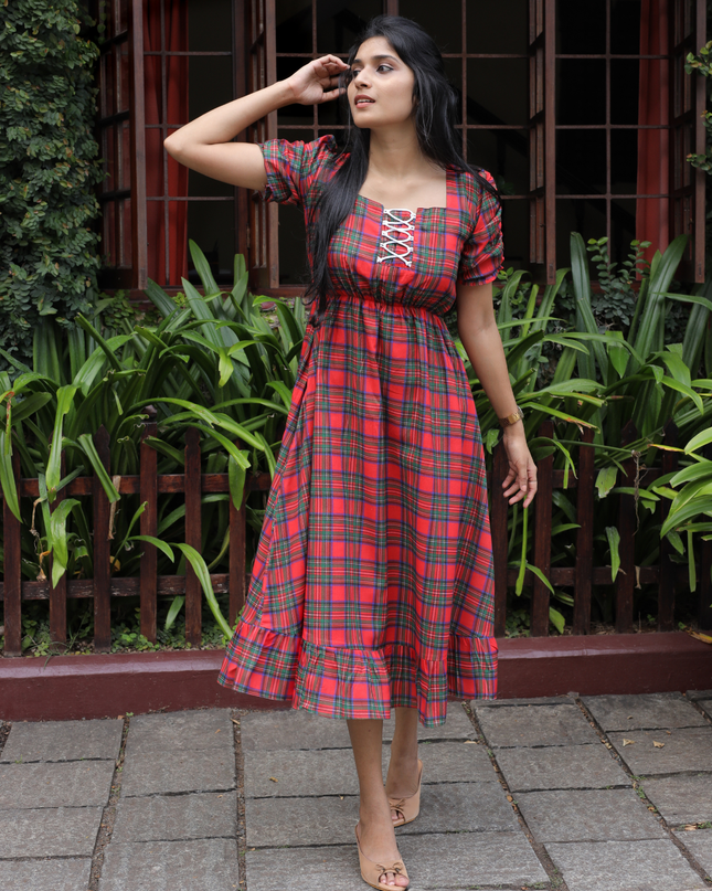 EC087 – Red Checked Pure Cotton Midi Dress