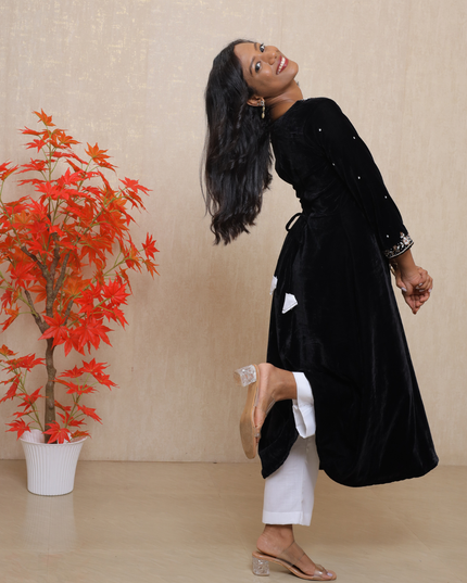EC085 – Black Velvet Kurti Set with Hand-Embroidered Neckline & Tie-Up Back