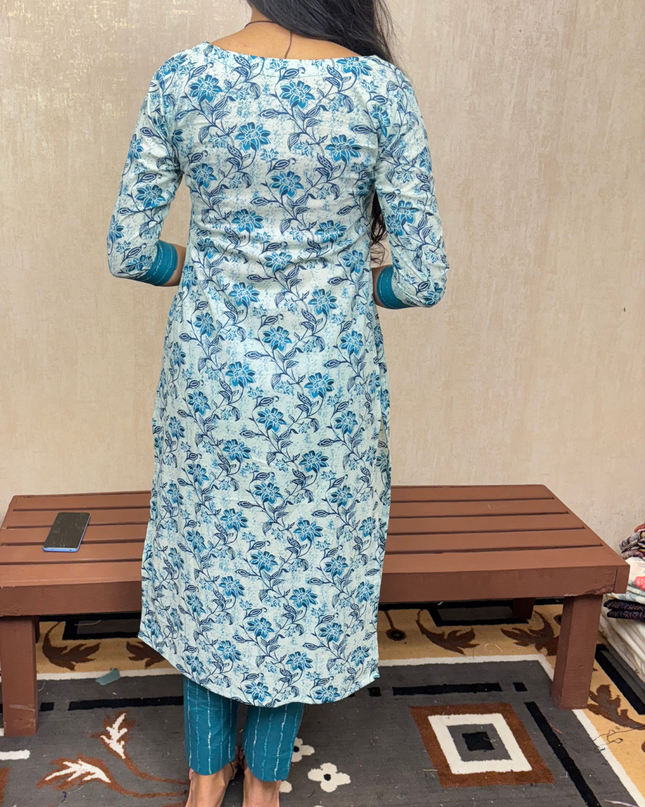 White & Teal Floral Jaipur Cotton Kurti Set – EC069
