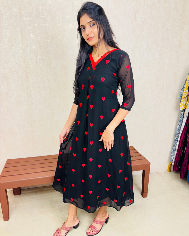 Red Embroidered Georgette A-Line Kurti with Lace Neckline – EC02