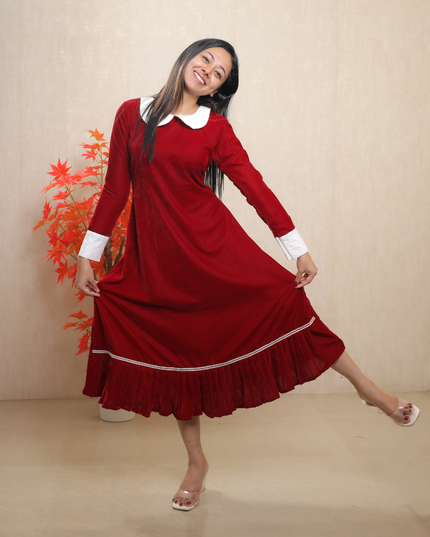 Premium Soft Velvet Christmas Dress – Red & Green  (EC084)