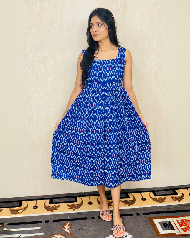 Royal Blue Ikat-Print Cotton Midi Dress – EC068