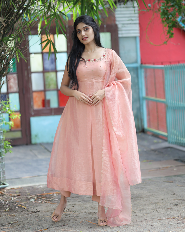 EC080 – Peach Silky Organza Anarkali  with Hand-Embroidered Yoke & Dupatta