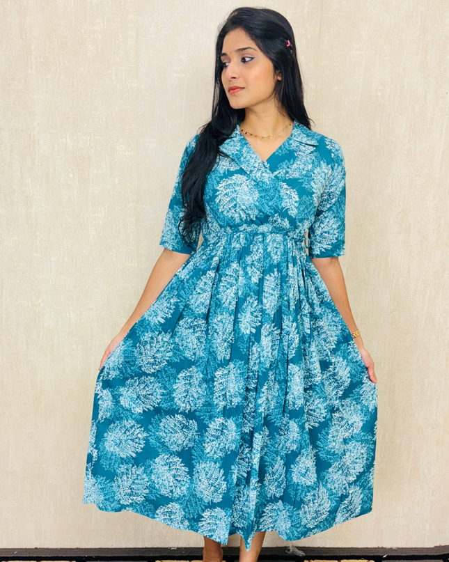 EC065 – Teal Blue Leaf Print Frock