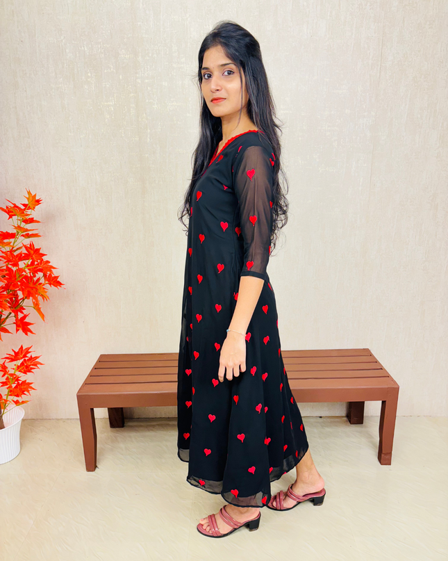 Red Embroidered Georgette A-Line Kurti with Lace Neckline – EC02