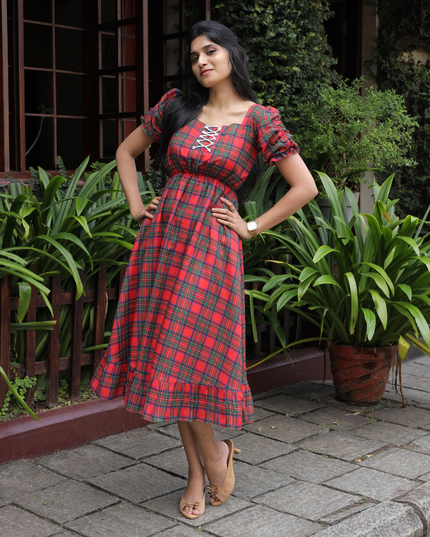 EC087 – Red Checked Pure Cotton Midi Dress