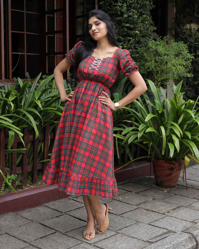 EC087 – Red Checked Pure Cotton Midi Dress