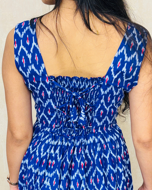 Royal Blue Ikat-Print Cotton Midi Dress – EC068