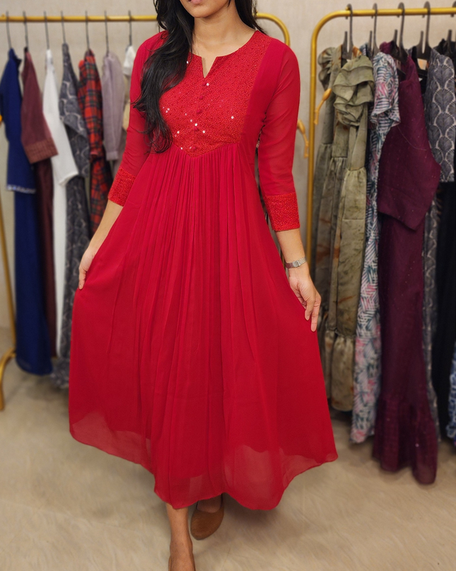 Cherry Red Georgette Kurti with Sequins Work – EC020