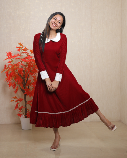 Premium Soft Velvet Christmas Dress – Red & Green  (EC084)