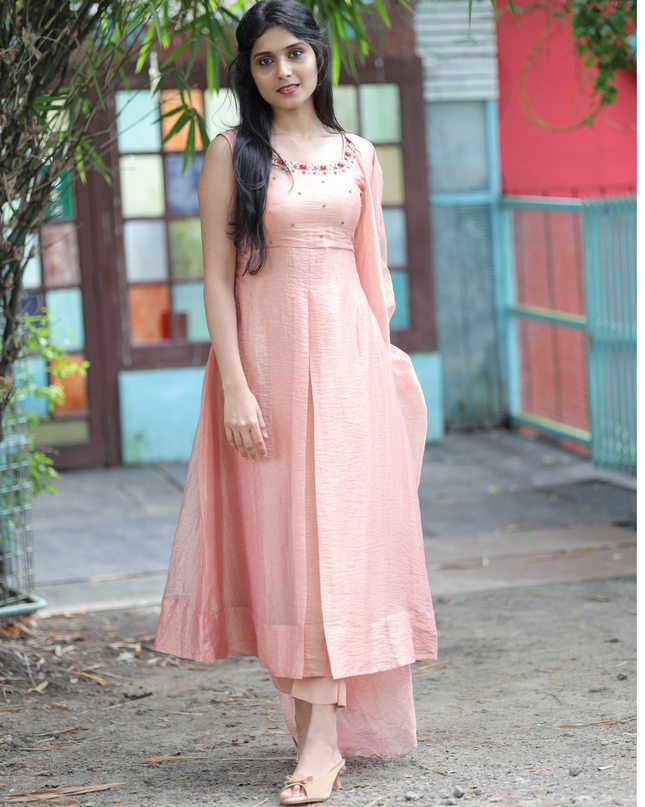 EC080 – Peach Silky Organza Anarkali  with Hand-Embroidered Yoke & Dupatta