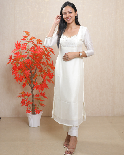 Off White Vichithra Silk Kurti Set with Handworked Yoke – EC086