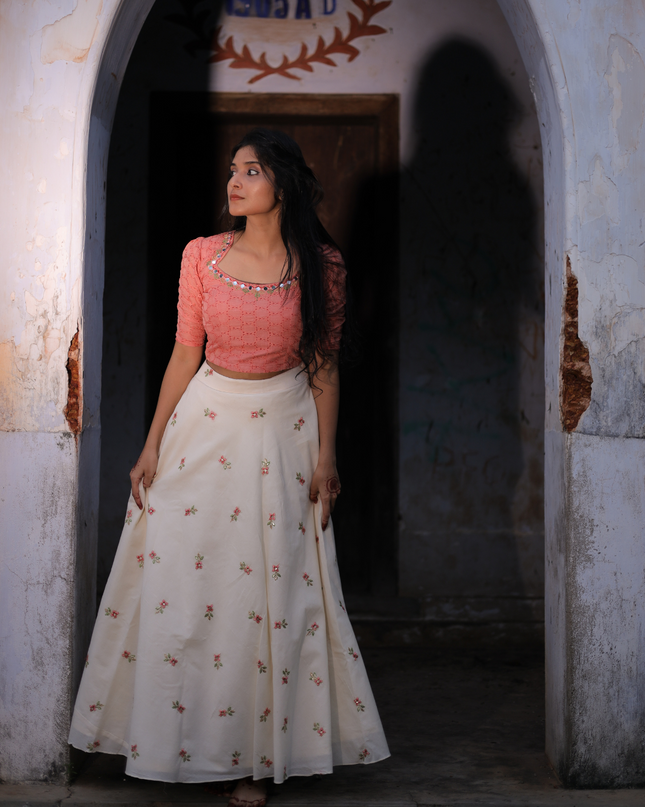 Cotton Skirt and Top with Embroidery and Sequin Work EC062