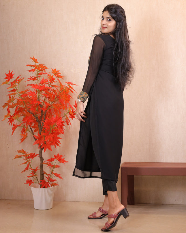 Black Georgette Aari Work Kurti Top-EC012