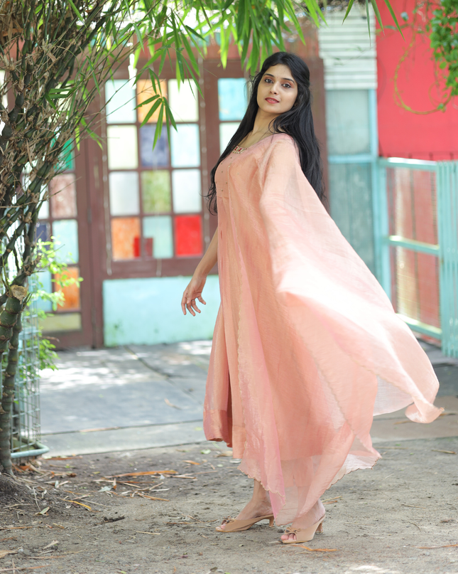 EC080 – Peach Silky Organza Anarkali  with Hand-Embroidered Yoke & Dupatta