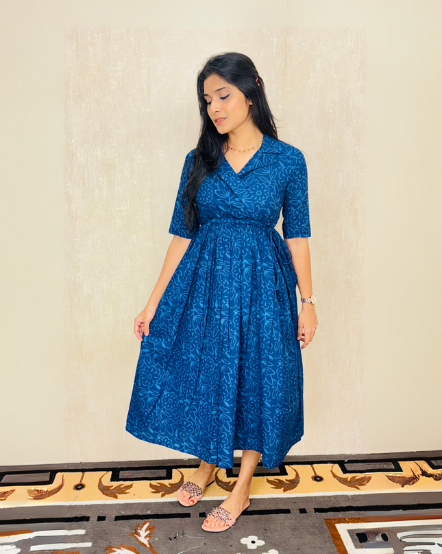 Surat Cotton Floral Print Frock with Adjustable Tie Yoke EC064