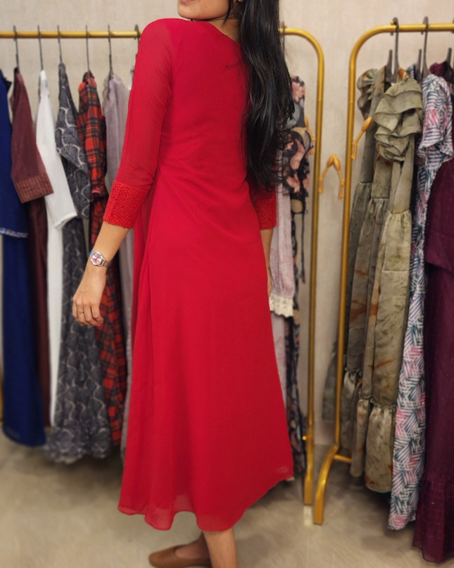 Cherry Red Georgette Kurti with Sequins Work – EC020