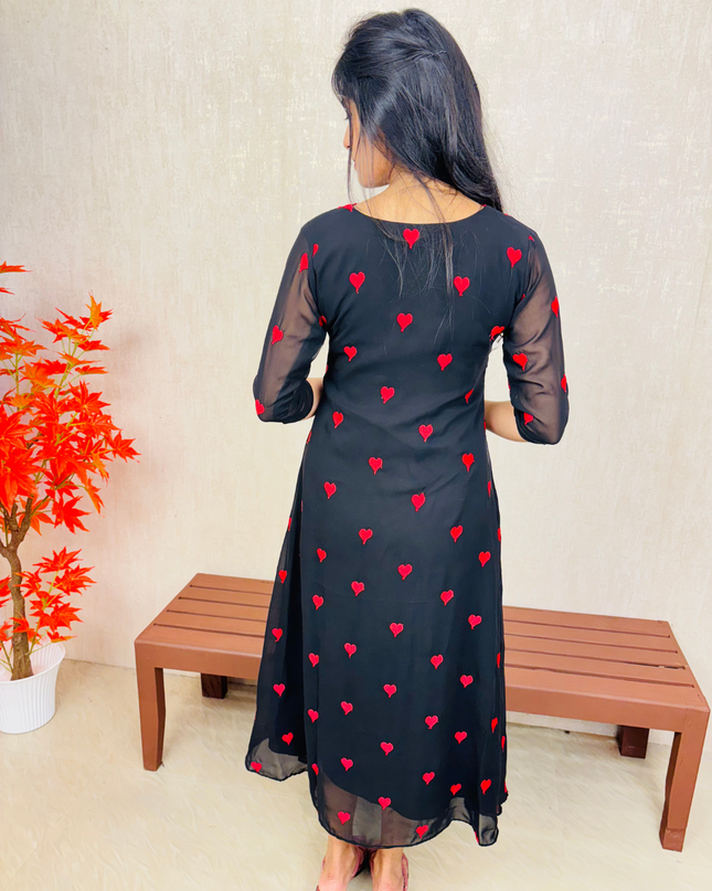 Red Embroidered Georgette A-Line Kurti with Lace Neckline – EC02