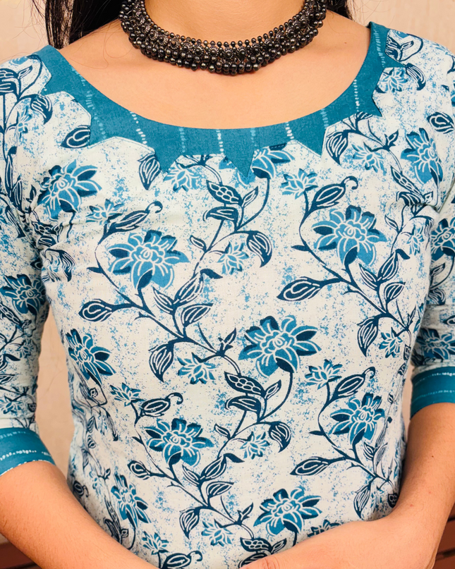 White & Teal Floral Jaipur Cotton Kurti Set – EC069