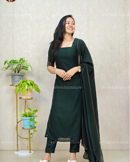 EC137 - Bottle Green Badhari Silk Straight Kurti Set with Embroidery & Dupatta