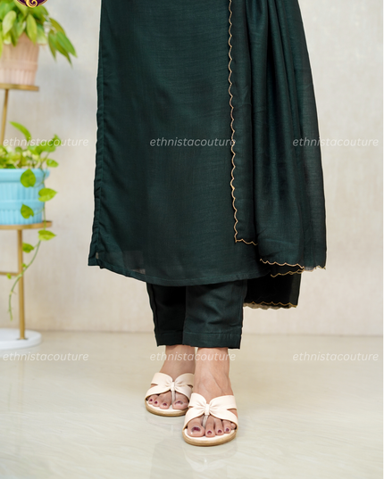 EC137 - Bottle Green Badhari Silk Straight Kurti Set with Embroidery & Dupatta