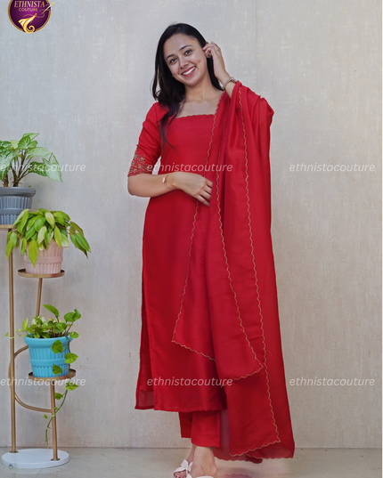 EC138 - Red Badhari Silk Straight Kurti Set with Embroidery & Dupatta