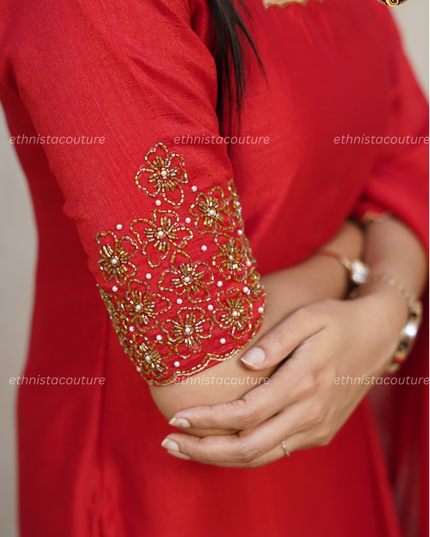 EC138 - Red Badhari Silk Straight Kurti Set with Embroidery & Dupatta