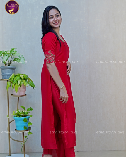 EC138 - Red Badhari Silk Straight Kurti Set with Embroidery & Dupatta