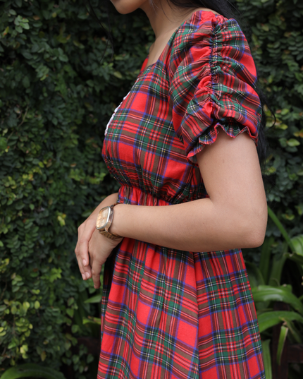 EC087 – Red Checked Pure Cotton Midi Dress